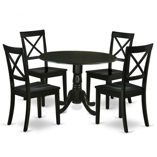 5Pc Rounded 42" Table, Two 9-Inch Drop Leaves And Four Wood Seat Dining Chairs