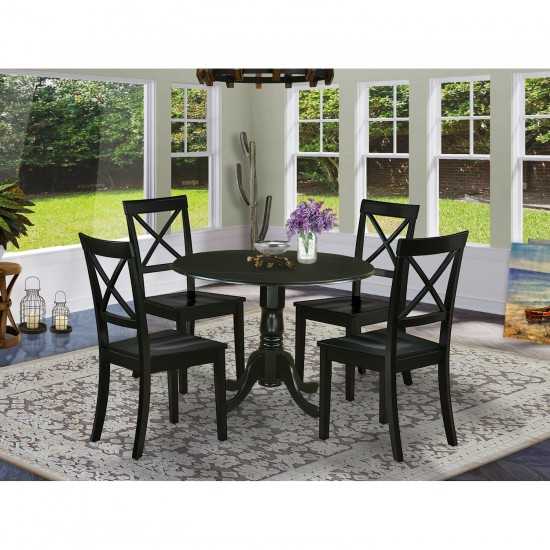 5Pc Rounded 42" Table, Two 9-Inch Drop Leaves And Four Wood Seat Dining Chairs