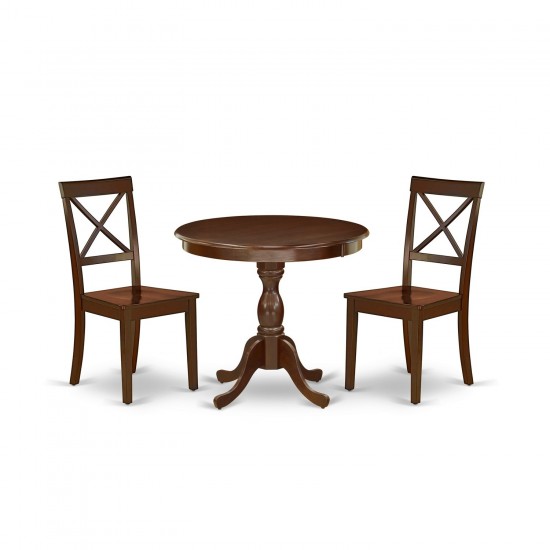 3 Pc Dining Set, 1 Round Pedestal Table, 2 Mahogany Dinning Chairs