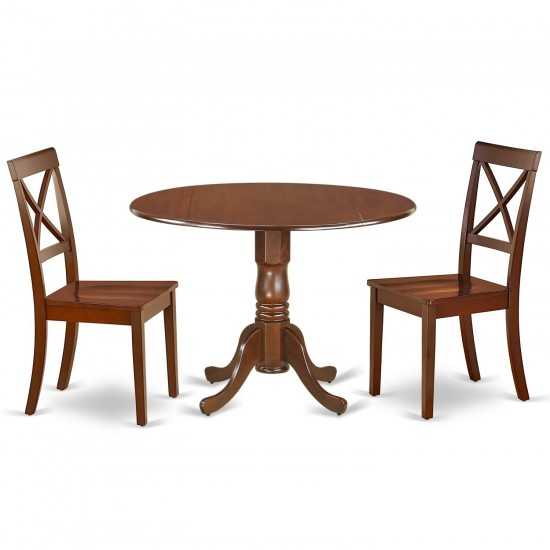 3Pc Round 42" Dinner Table, Two 9-Inch Drop Leaves, Two Wood Seat Kitchen Chairs