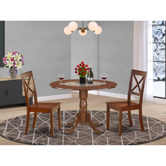 3Pc Round 42" Dinner Table, Two 9-Inch Drop Leaves, Two Wood Seat Kitchen Chairs