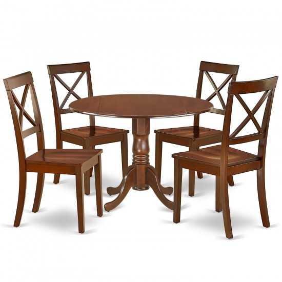 5Pc Rounded 42" Kitchen Table, Two 9-Inch Drop Leaves, Four Wood Seat Dining Chairs