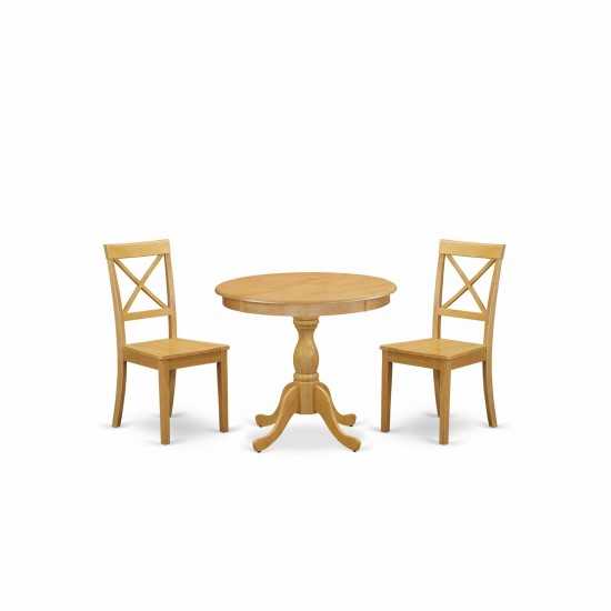 3 Pc Wood Dining Set, 1 Wooden Table, 2 Oak Wood Chairs, X-Back Oak Finish