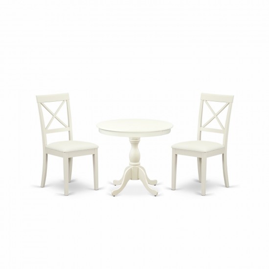 3 Pc Dining Set, 1 Round Pedestal Table, 2 Linen White Faux Leather Chairs, X-Back, Linen White Finish