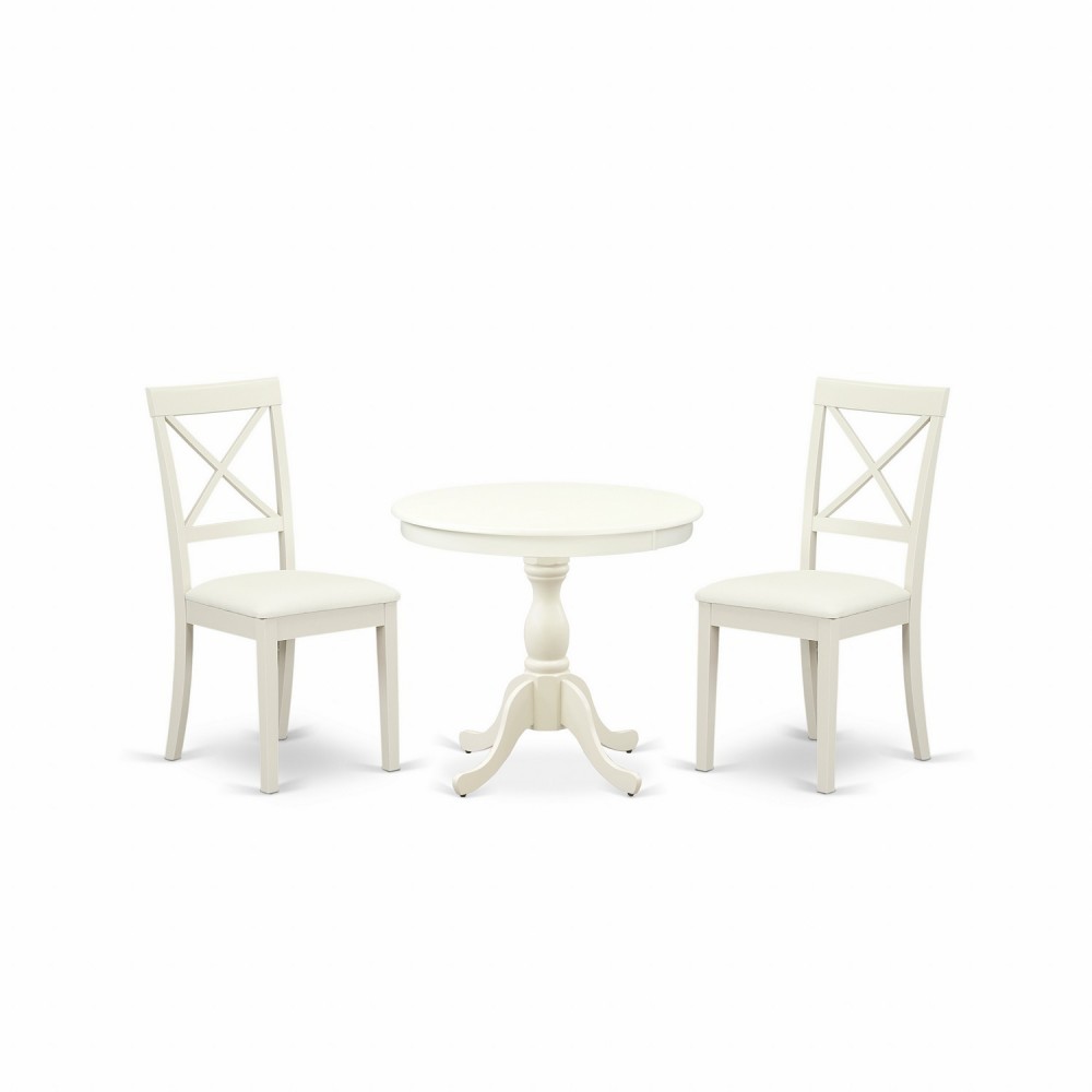 3 Pc Dining Set, 1 Round Pedestal Table, 2 Linen White Faux Leather Chairs, X-Back, Linen White Finish