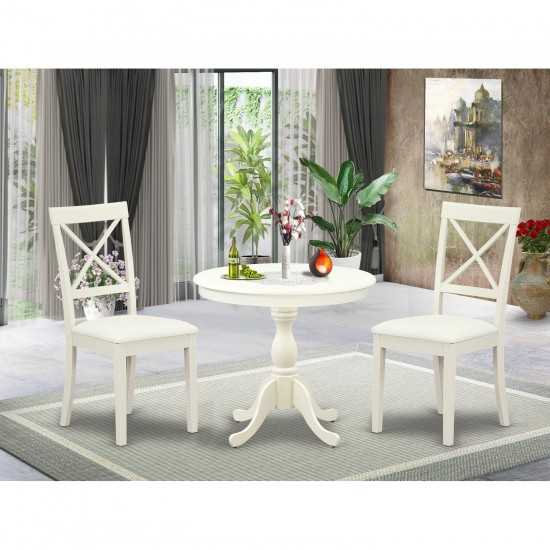 3 Pc Dining Set, 1 Round Pedestal Table, 2 Linen White Faux Leather Chairs, X-Back, Linen White Finish