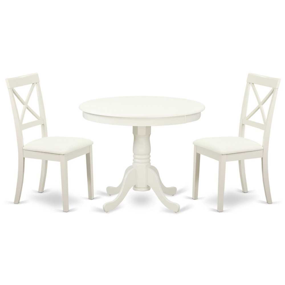 3 Pc Kitchen Table Set, Dining Table And 2 Faux Leather Chairs In Linen White