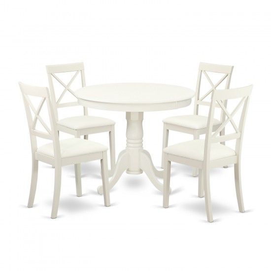 5 Pc Kitchen Table Set, Dining Table And 4 Faux Leather Chairs In Linen White