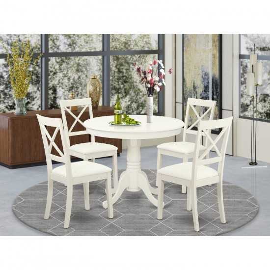 5 Pc Kitchen Table Set, Dining Table And 4 Faux Leather Chairs In Linen White