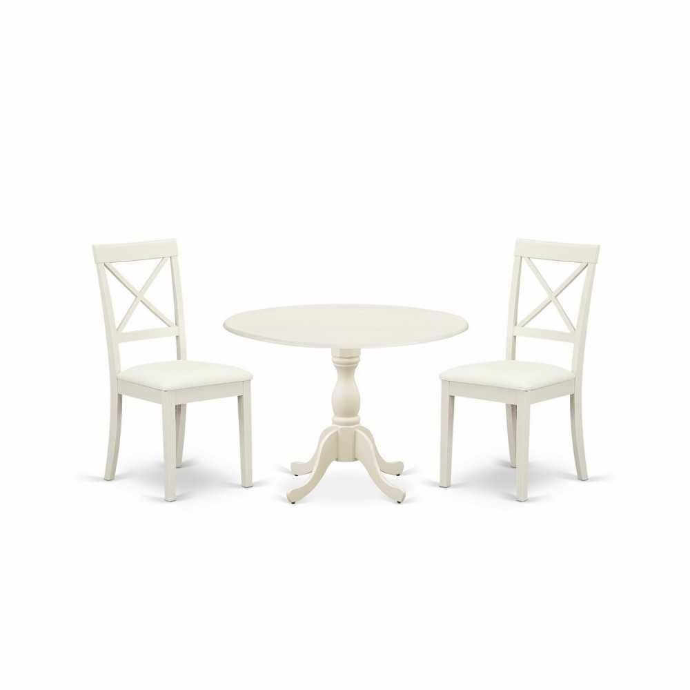 3 Pc Dinning Set, 1 Drop Leaves Dining Table, 2 Linen White Faux Leather Kitchen Chairs, X-Back, Linen White Finish