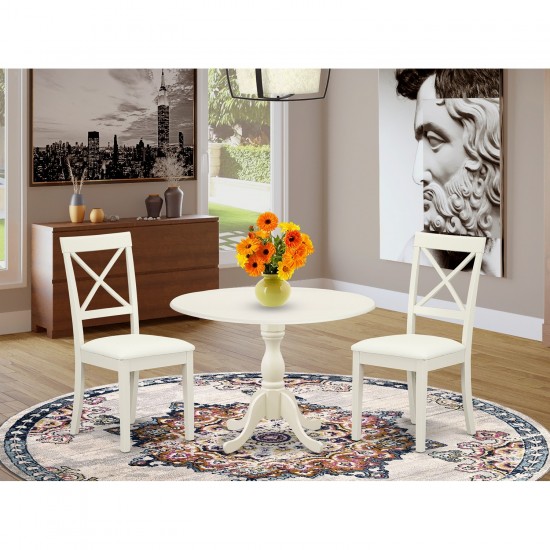 3 Pc Dinning Set, 1 Drop Leaves Dining Table, 2 Linen White Faux Leather Kitchen Chairs, X-Back, Linen White Finish