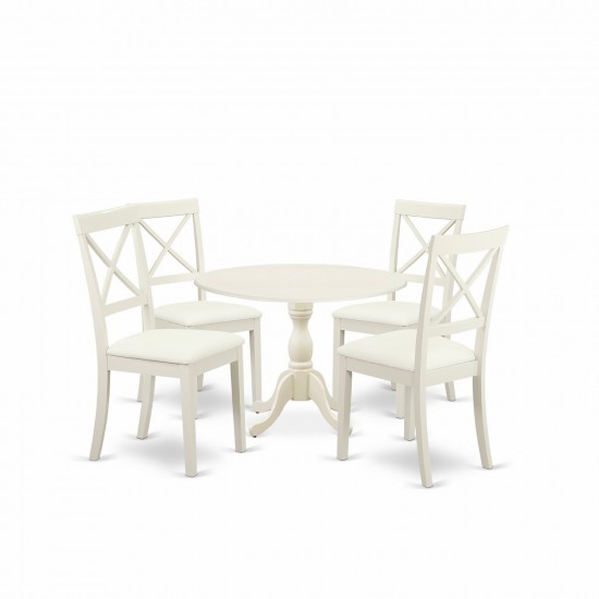 5 Pc Dining Set, 1 Drop Leaves Table, 4 Linen White Faux Leather Chairs, X-Back, Linen White Finish