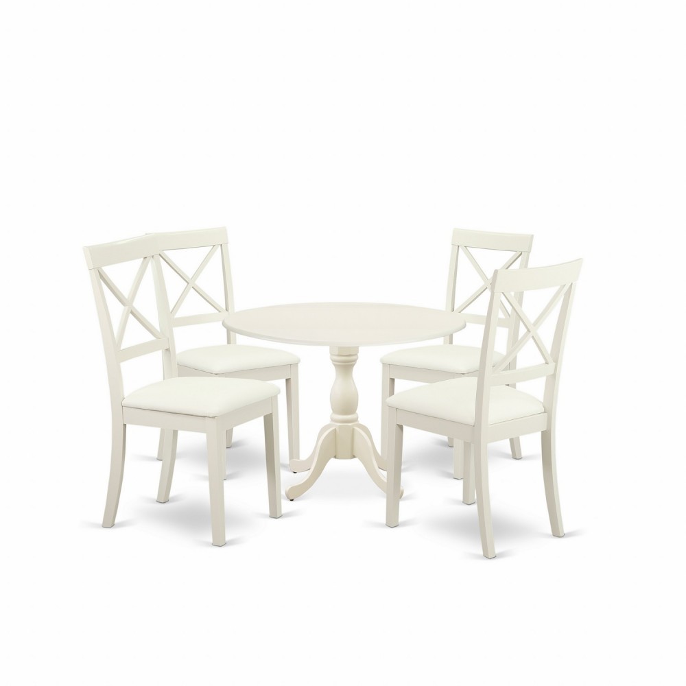 5 Pc Dining Set, 1 Drop Leaves Table, 4 Linen White Faux Leather Chairs, X-Back, Linen White Finish