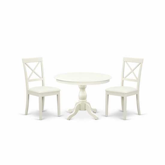 3 Pc Dining Set, Linen White Wood Table, 2 Linen White Faux Leather Chairs, X-Back, Linen White Finish