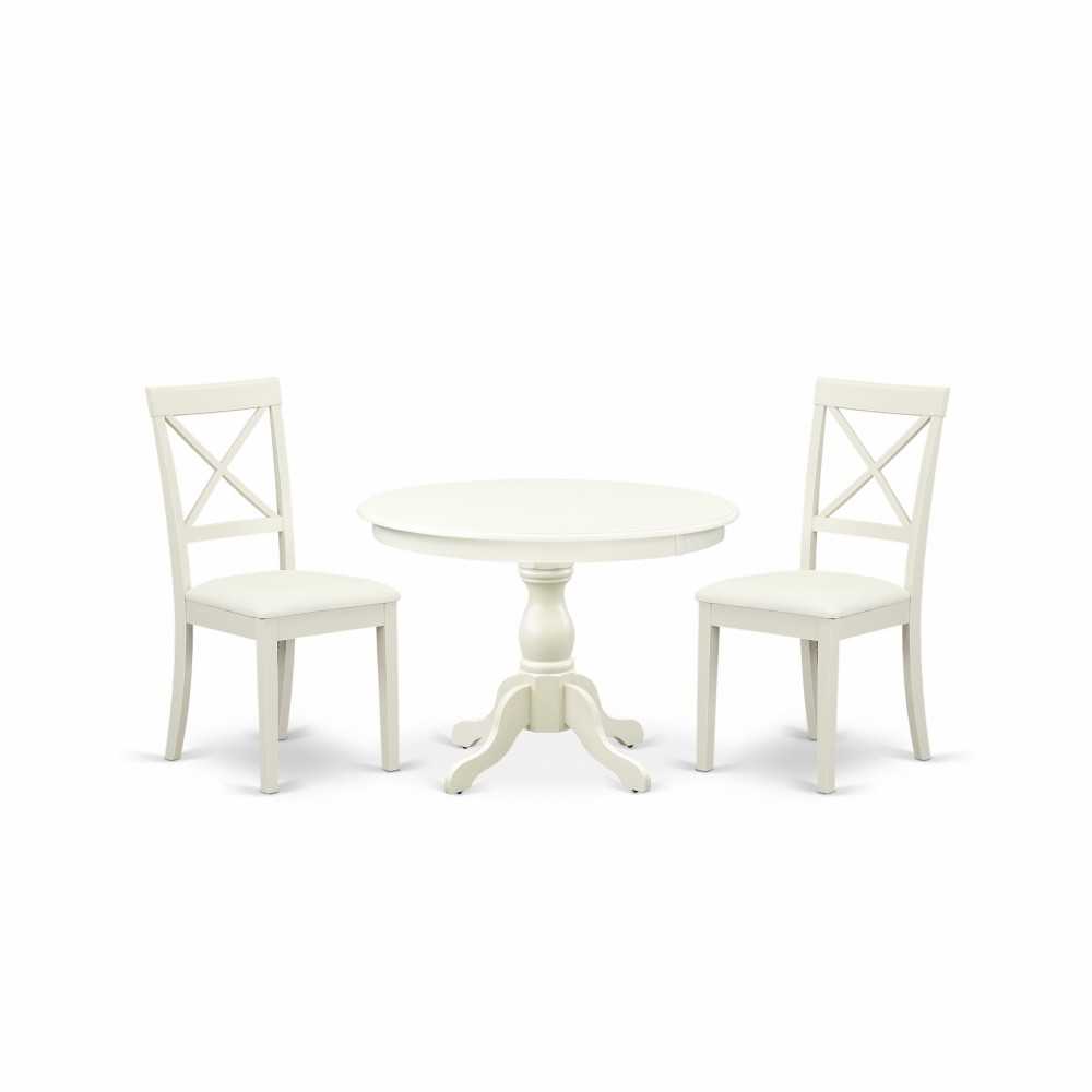 3 Pc Dining Set, Linen White Wood Table, 2 Linen White Faux Leather Chairs, X-Back, Linen White Finish