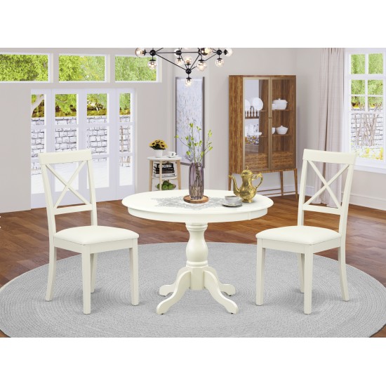 3 Pc Dining Set, Linen White Wood Table, 2 Linen White Faux Leather Chairs, X-Back, Linen White Finish