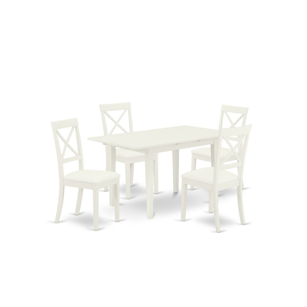 5-Pc Dinette Set 4 Chairs, Faux Leather Seat, Butterfly Leaf Table, Linen White