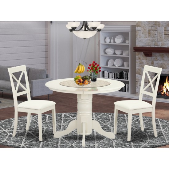 3 Piece Sudbury Set-One Round Table And 2 Chairs, Faux Leather Seat In White