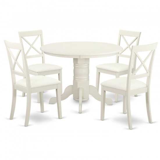 5 Piece Sudbury Set-Round Dinette Table, 4 Chairs, Faux Leather Seat In White.