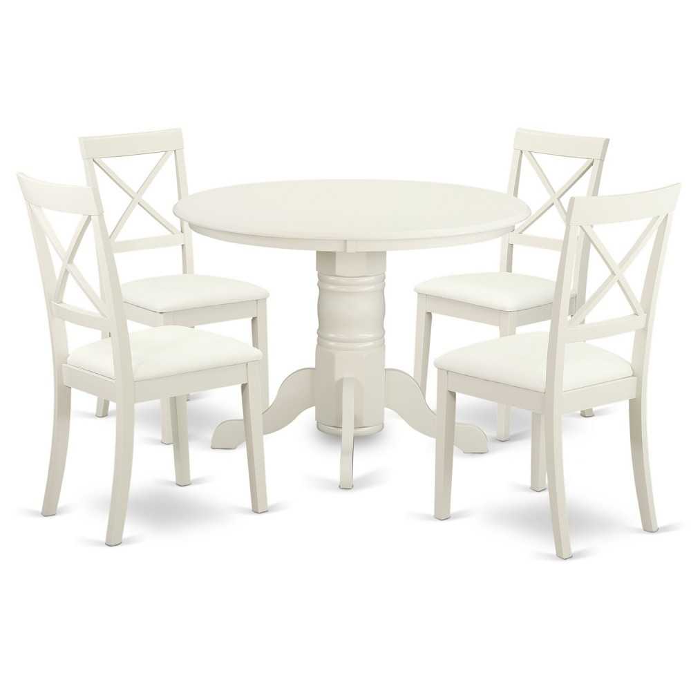 5 Piece Sudbury Set-Round Dinette Table, 4 Chairs, Faux Leather Seat In White.