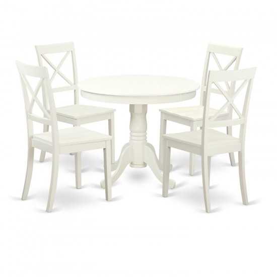 5 Pc Set With A Table And 4 Wood Dinette Chairs Having Linen White