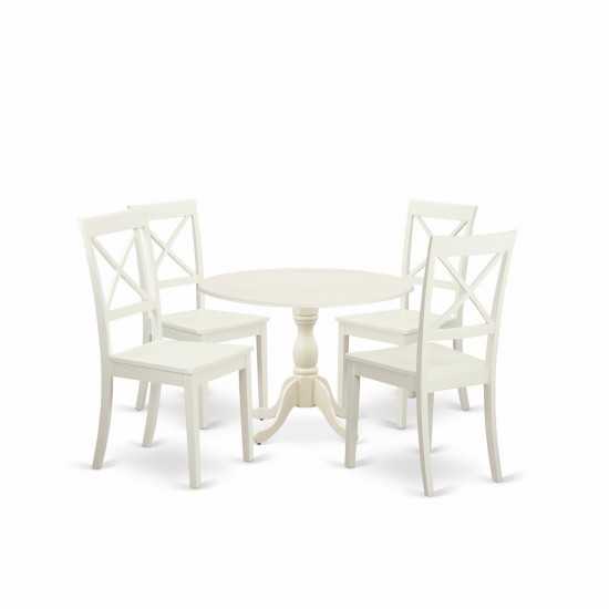 5 Pc Wood Dining Set, 1 Drop Leaves Table, 4 Linen White Kitchen Chairs