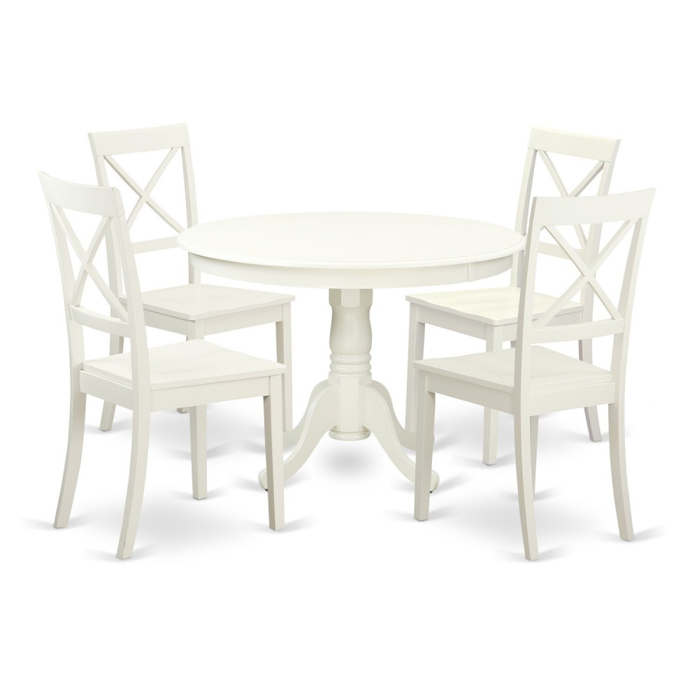 5 Pc Set With A Round Dinette Table And 4 Wood Dinette Chairs In Linen White