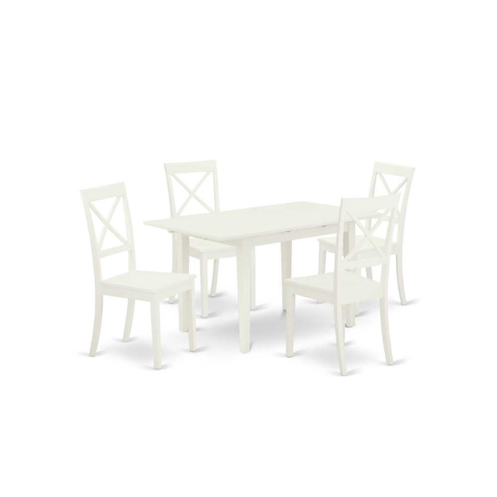 5Pc Dining Set 4 Wood Chairs, Butterfly Leaf Seat, Wood Table, Linen White