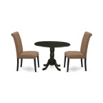 3Pc Dinette Set, Small Rounded Kitchen Table, Drop Leaves, Two Parson Chairs, Light Sable Fabric, Black