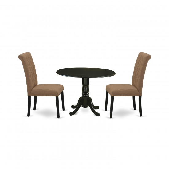 3Pc Dinette Set, Small Rounded Kitchen Table, Drop Leaves, Two Parson Chairs, Light Sable Fabric, Black