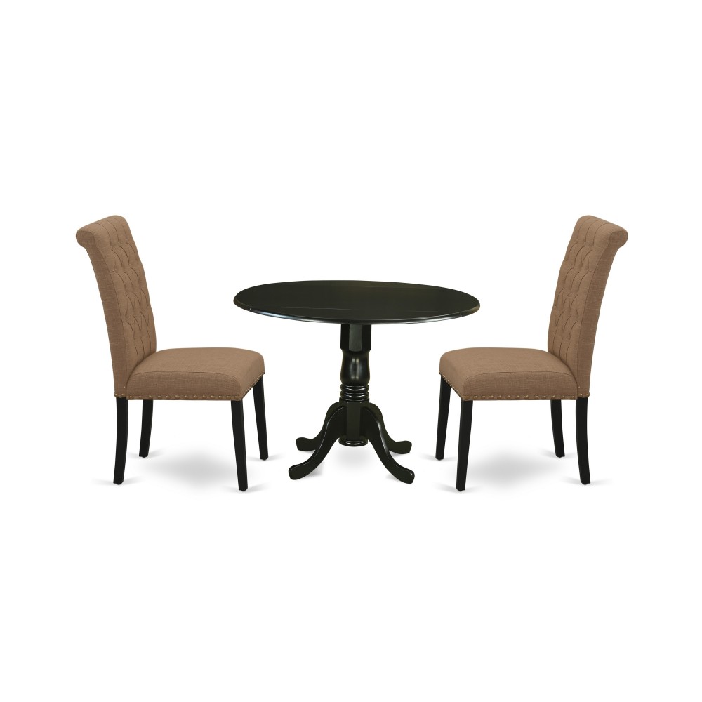 3Pc Dinette Set, Small Rounded Kitchen Table, Drop Leaves, Two Parson Chairs, Light Sable Fabric, Black