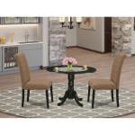 3Pc Dinette Set, Small Rounded Kitchen Table, Drop Leaves, Two Parson Chairs, Light Sable Fabric, Black