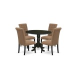 5Pc Dining Set, Small Round Dinette Table, Drop Leaves, Four Parson Chairs, Light Sable Fabric, Black