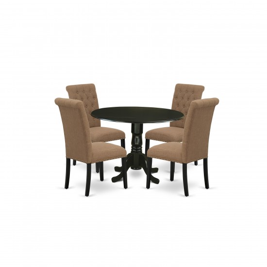 5Pc Dining Set, Small Round Dinette Table, Drop Leaves, Four Parson Chairs, Light Sable Fabric, Black