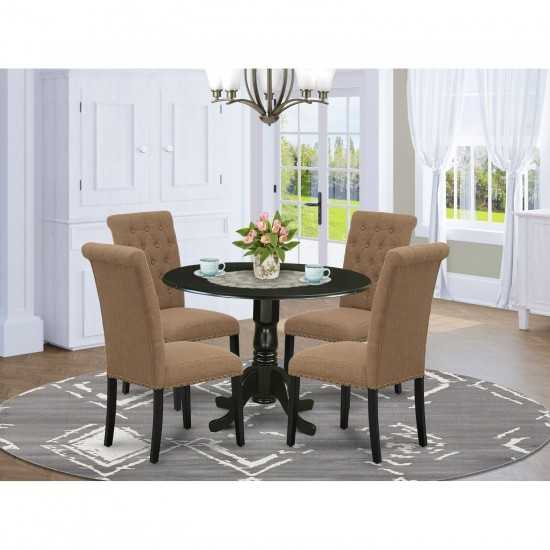 5Pc Dining Set, Small Round Dinette Table, Drop Leaves, Four Parson Chairs, Light Sable Fabric, Black