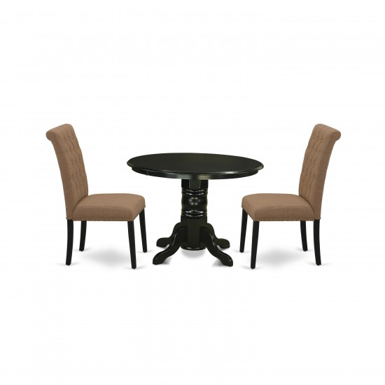 3Pc Dinette Set, Round Dining Table, Two Parson Chairs, Light Sable Fabric, Black Finish