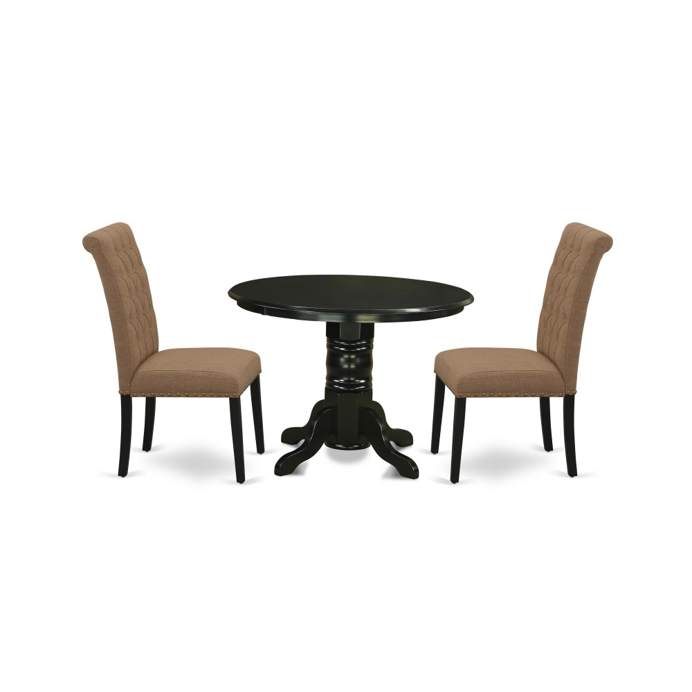 3Pc Dinette Set, Round Dining Table, Two Parson Chairs, Light Sable Fabric, Black Finish