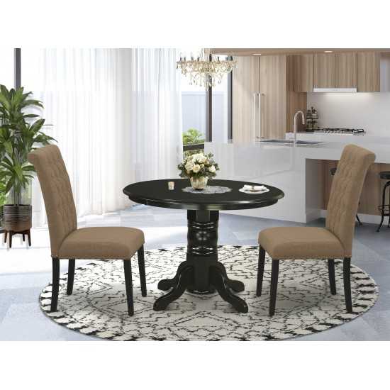 3Pc Dinette Set, Round Dining Table, Two Parson Chairs, Light Sable Fabric, Black Finish