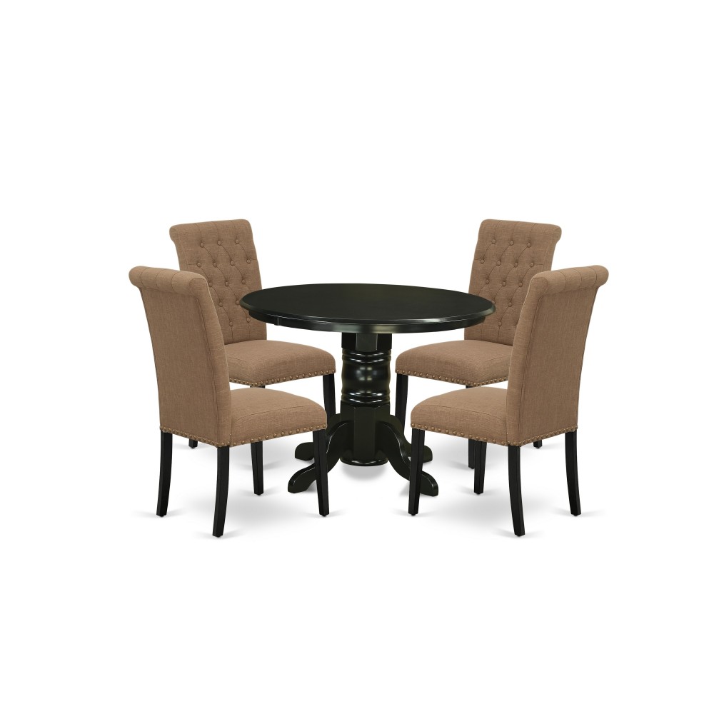 5Pc Dining Set, Round Table, Four Parson Chairs, Light Sable Fabric, Black Finish