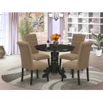 5Pc Dining Set, Round Table, Four Parson Chairs, Light Sable Fabric, Black Finish