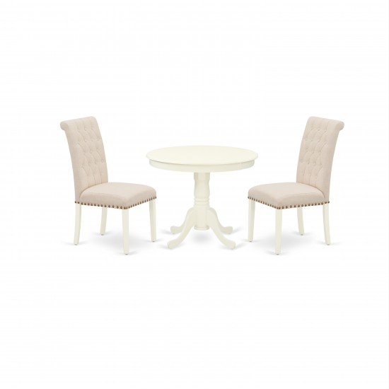 3Pc Dinette Set, Small Rounded Kitchen Table, Two Parson Chairs, Light Beige Fabric, Linen White Finish