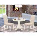 3Pc Dinette Set, Small Rounded Kitchen Table, Two Parson Chairs, Light Beige Fabric, Linen White Finish