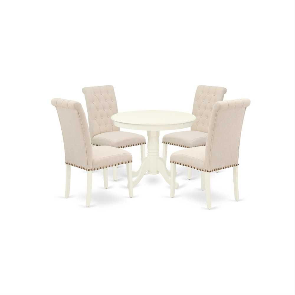 5Pc Dining Set, Small Round Dinette Table, Four Parson Chairs, Light Beige Fabric, Linen White Finish