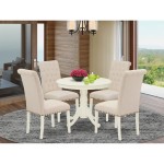 5Pc Dining Set, Small Round Dinette Table, Four Parson Chairs, Light Beige Fabric, Linen White Finish