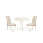 3Pc Dinette Set, Small Rounded Kitchen Table, Two Parson Chairs, Light Beige Fabric, White Finish