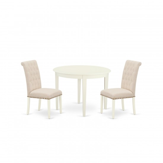 3Pc Dinette Set, Small Rounded Kitchen Table, Two Parson Chairs, Light Beige Fabric, White Finish