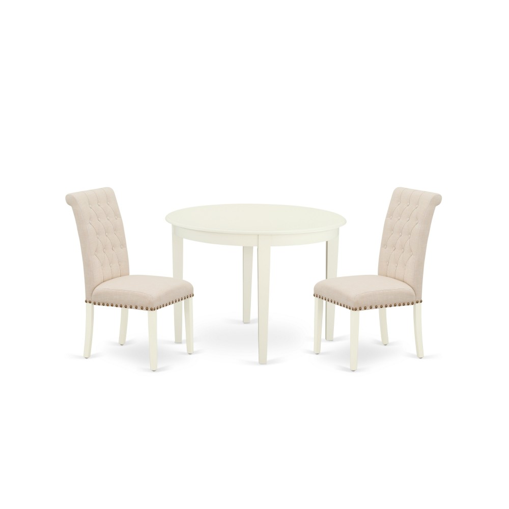 3Pc Dinette Set, Small Rounded Kitchen Table, Two Parson Chairs, Light Beige Fabric, White Finish