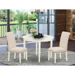 3Pc Dinette Set, Small Rounded Kitchen Table, Two Parson Chairs, Light Beige Fabric, White Finish