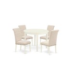 5Pc Dining Set, Small Round Dinette Table, Four Parson Chairs, Light Beige Fabric, White Finish