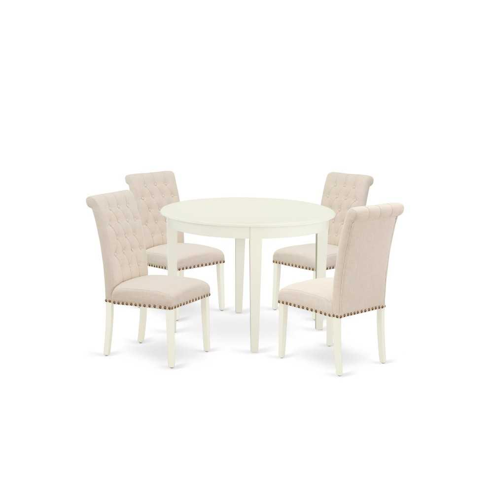 5Pc Dining Set, Small Round Dinette Table, Four Parson Chairs, Light Beige Fabric, White Finish